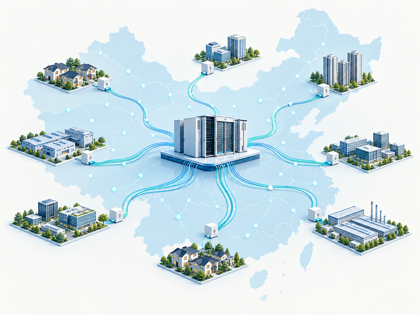 50G-PON基础设施连接中国各地住宅、工厂和商务园区的示意图